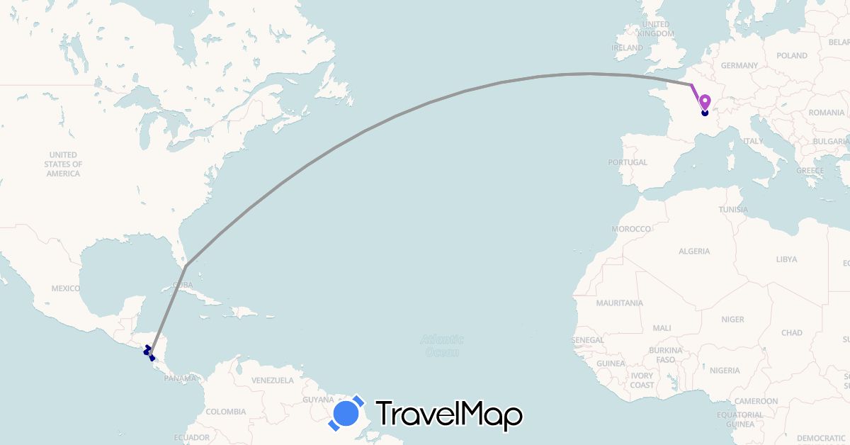 TravelMap itinerary: driving, plane, train in France, Nicaragua, United States (Europe, North America)